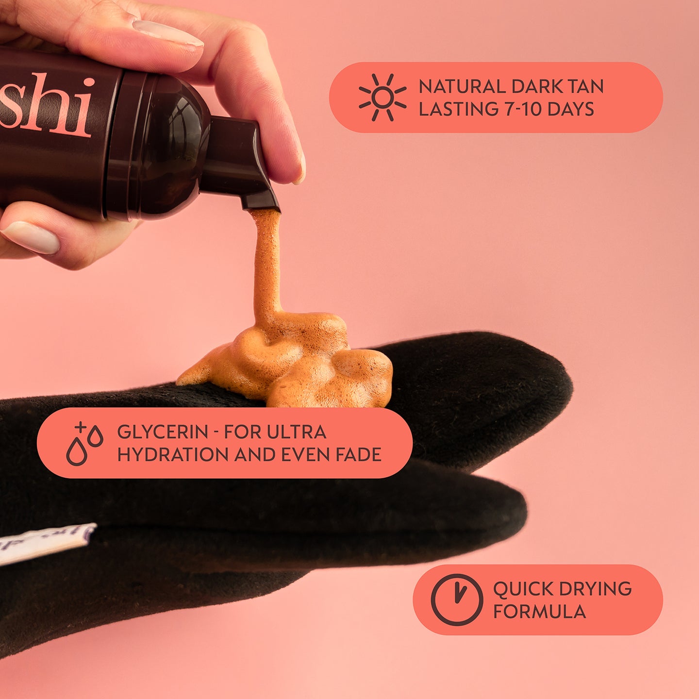 Image of hands pumping Dark Foaming Mousse onto a tanning mitt and text highlighting the key product features